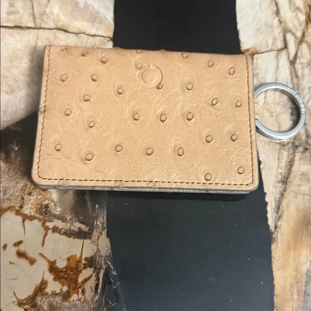 Gold Ostrich Leather Card and Id Holder - BRAND NEW - Snap Closure & Key Ring